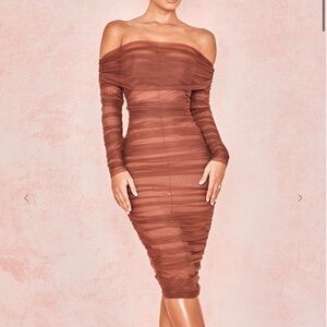 House of CB Orange Ruched Off-Shoulder Bodycon Dress
